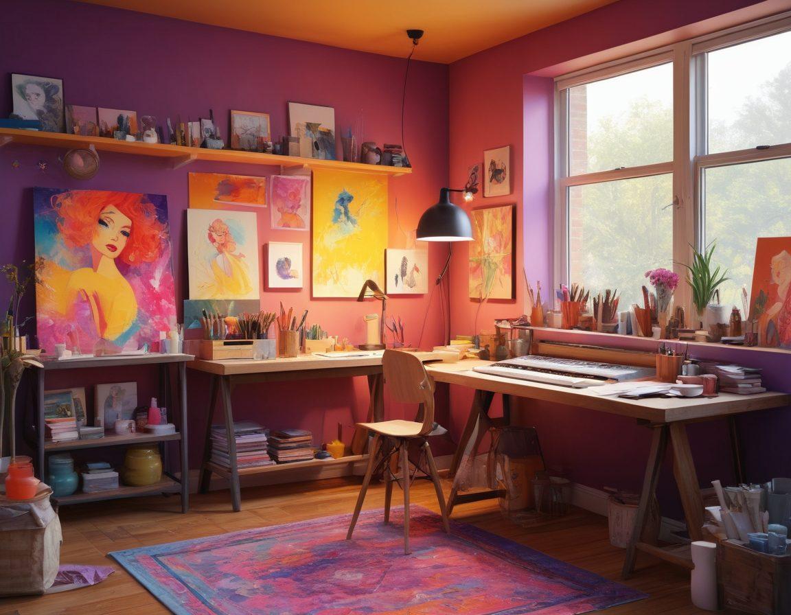 A captivating scene featuring a stylish, modern artist's studio filled with vibrant, colorful illustrations of adult animation characters, showcasing a blend of sensuality and creativity. The focus is on a partially finished canvas depicting an intimate, romantic moment between animated figures, surrounded by art supplies and soft ambient lighting. A hint of playfulness is reflected in the playful poses and expressive faces. The background should be welcoming and inspiring, with splashes of bold colors. vibrant colors. super-realistic.