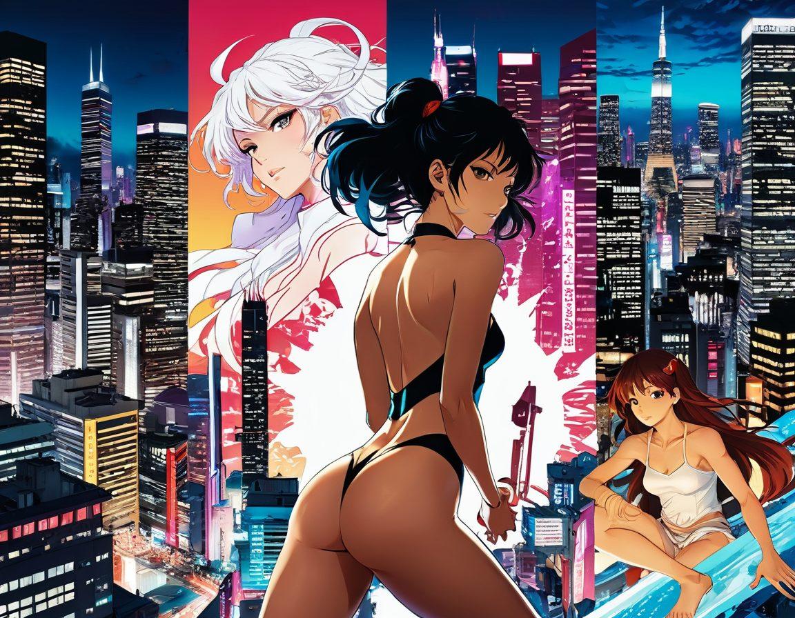 A vibrant collage depicting the evolution of erotic manga and anime; featuring iconic characters in dynamic poses from various styles, blending traditional Japanese artistry with modern graphic design elements. The background showcases a whimsical cityscape transitioning from comic panels to cinematic scenes, embodying an energetic mix of fantasy and sensuality. Light glimmers play across the characters to elevate their allure, encapsulating the fusion of comic book art and anime aesthetics. super-realistic. vibrant colors. dynamic composition.